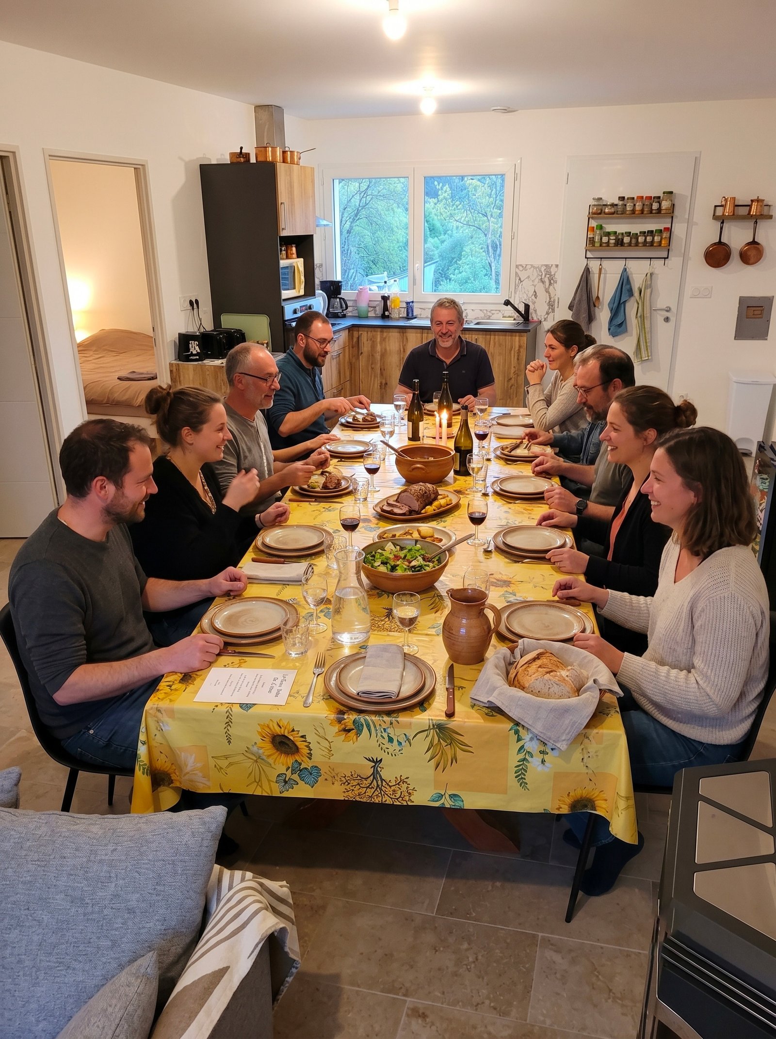 Repas convivial à la table d'hôtes de La Maison Calme, à La Bastide-Puylaurent